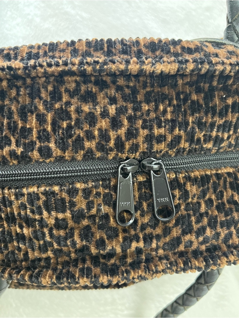 Nordic House Designs Leopard Print Corduroy Tote Bag Braided Leather Handles - Picture 8 of 12